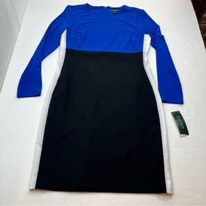 Lauren Ralph‎ Lauren Color Block Blue Black White Long Sleeve Midi Dress 12 NEW